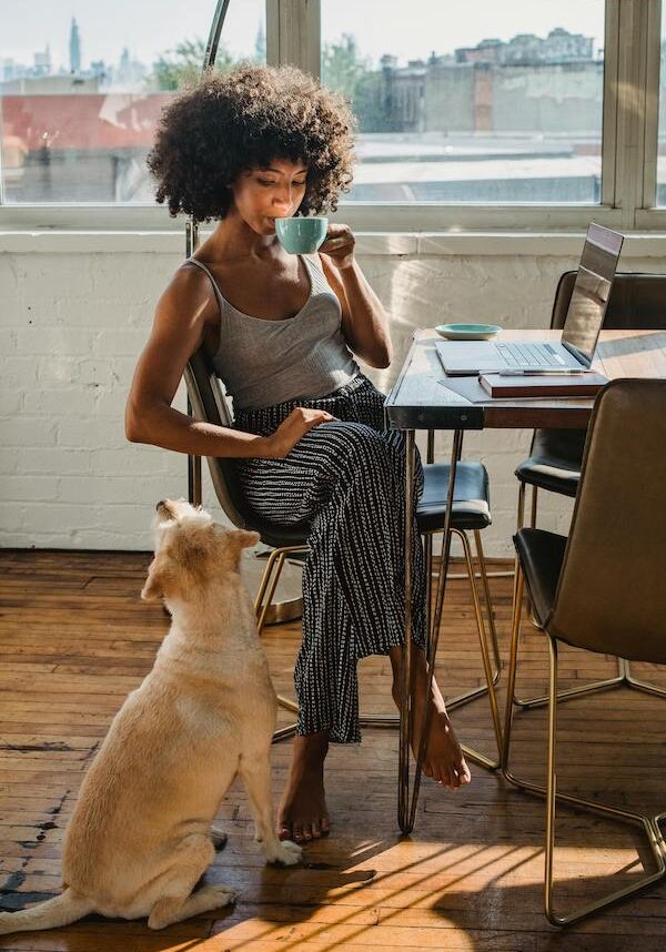woman at desk with dog